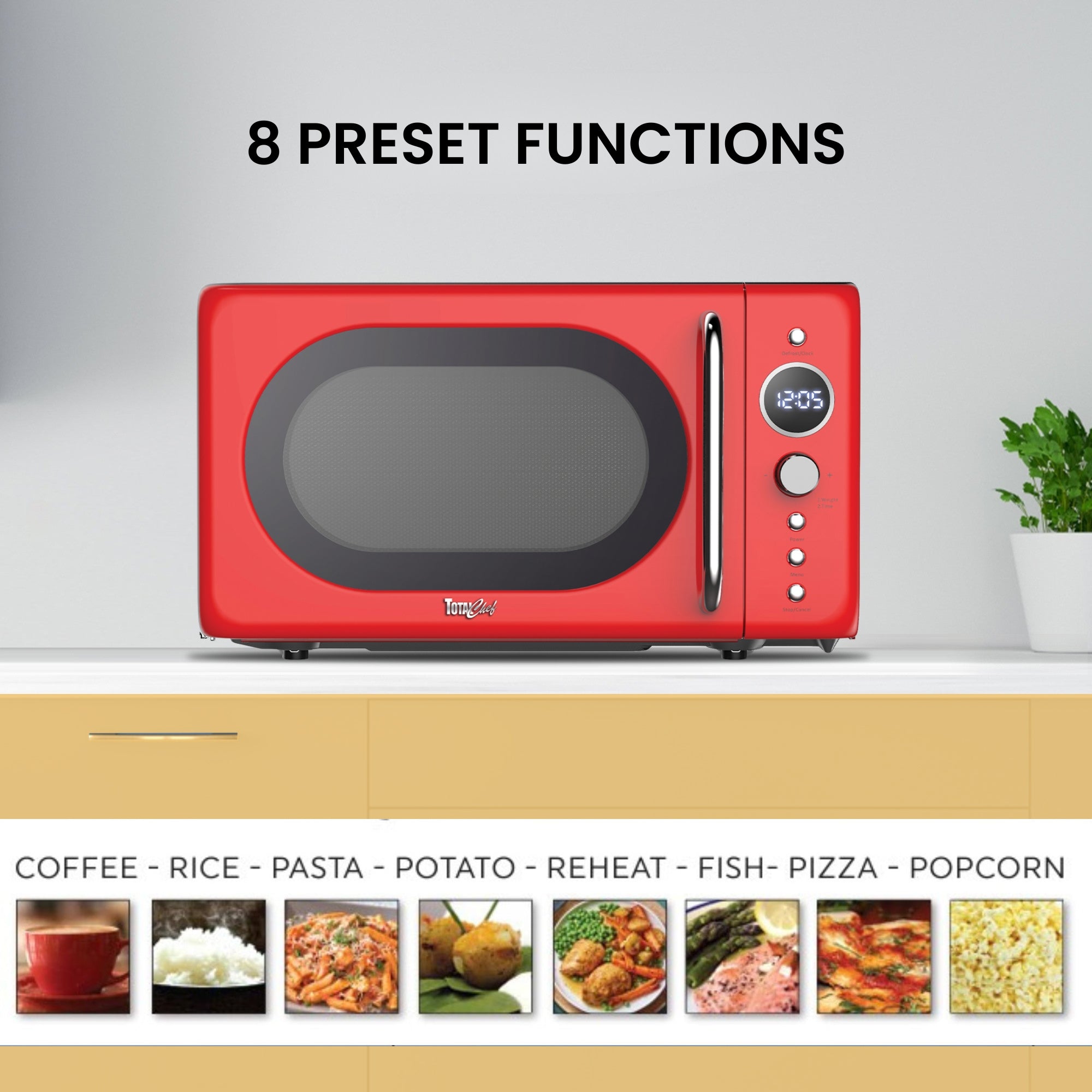 Total Chef Retro Microwave Oven, 20L Capacity, 700W Power, 8 Pre-Set Cooking Modes for Coffee, Rice, Pasta, Potato, Reheat, Fish, Pizza, Popcorn, Red