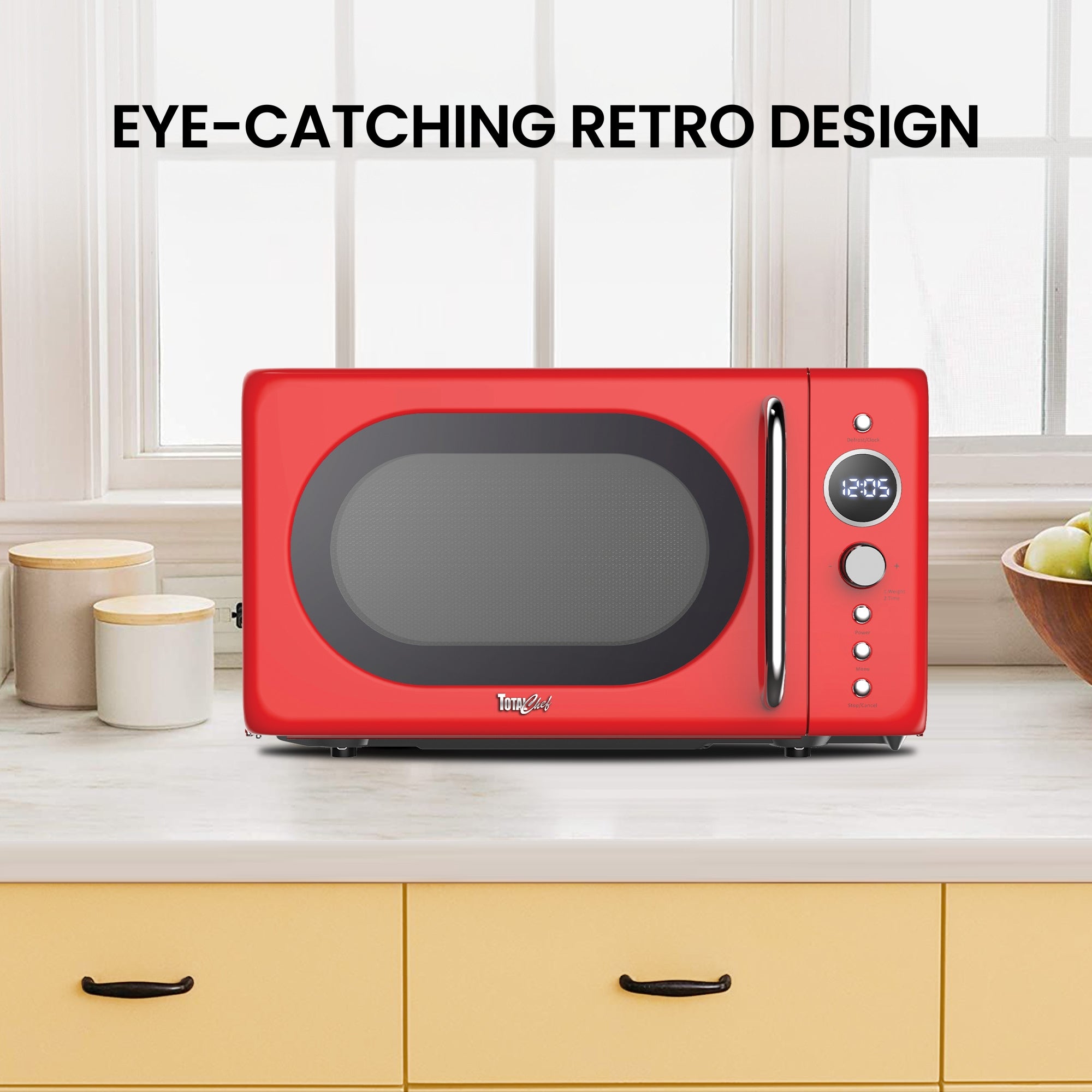 Total Chef Retro Microwave Oven, 20L Capacity, 700W Power, 8 Pre-Set Cooking Modes for Coffee, Rice, Pasta, Potato, Reheat, Fish, Pizza, Popcorn, Red