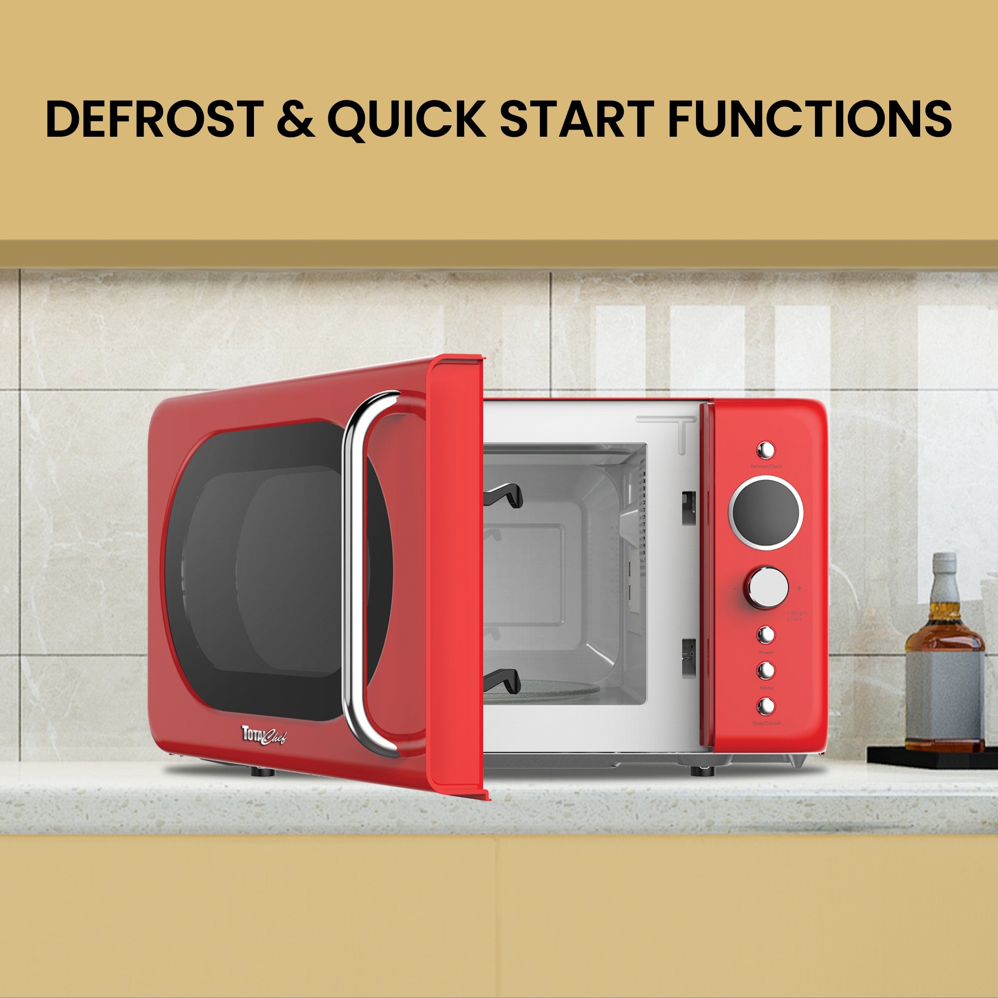 Total Chef Retro Microwave Oven, 20L Capacity, 700W Power, 8 Pre-Set Cooking Modes for Coffee, Rice, Pasta, Potato, Reheat, Fish, Pizza, Popcorn, Red