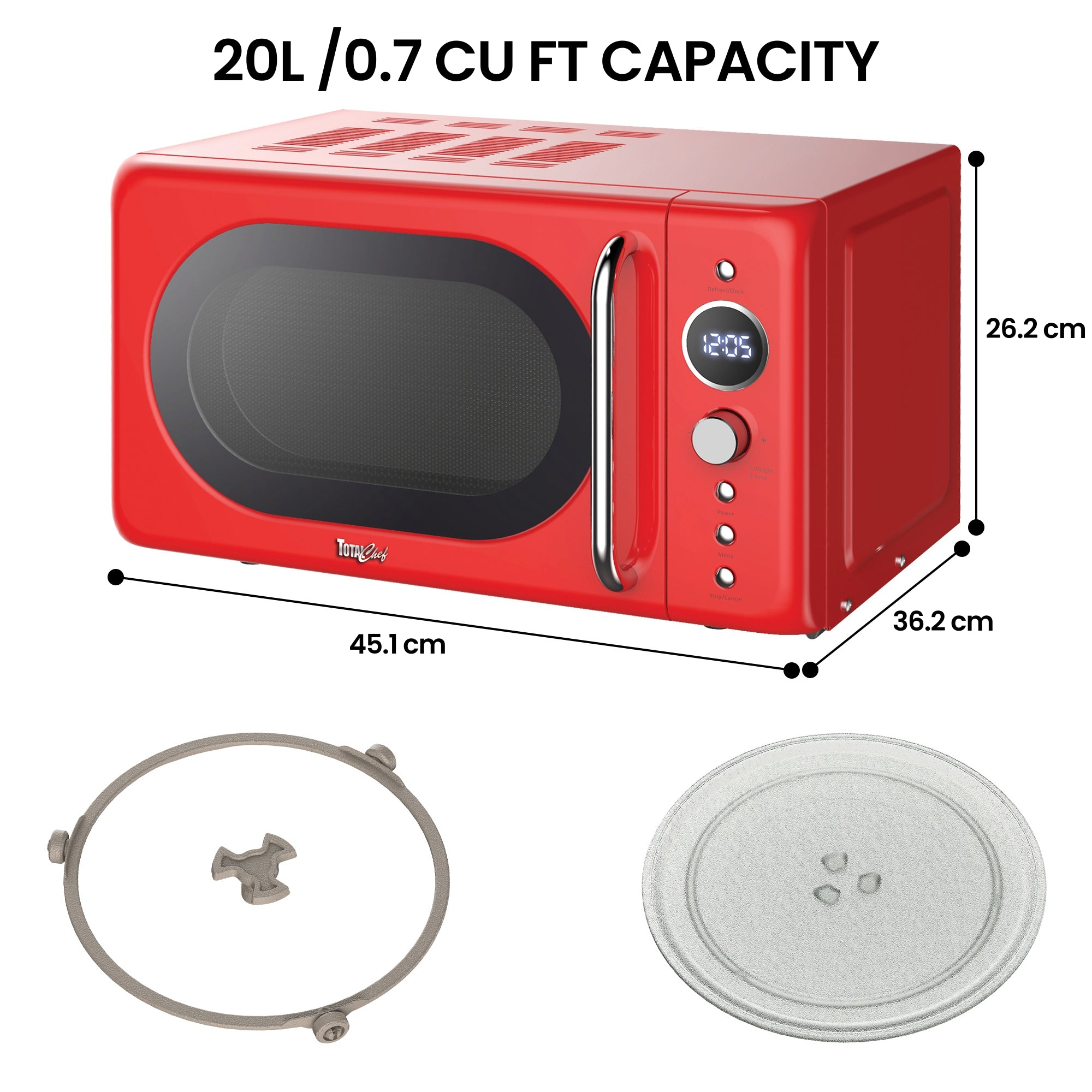 Total Chef Retro Microwave Oven, 20L Capacity, 700W Power, 8 Pre-Set Cooking Modes for Coffee, Rice, Pasta, Potato, Reheat, Fish, Pizza, Popcorn, Red