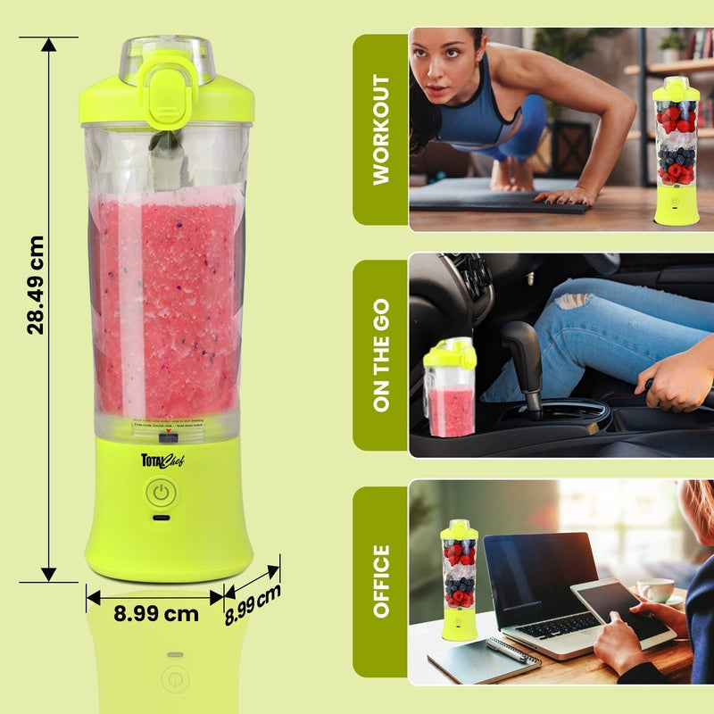 Total Chef Portable Blender, 600 mL Cordless Personal Blender for Smoothies and Shakes, Type-C USB Rechargeable Mini Blender, 6 Stainless Steel Blades (Green)