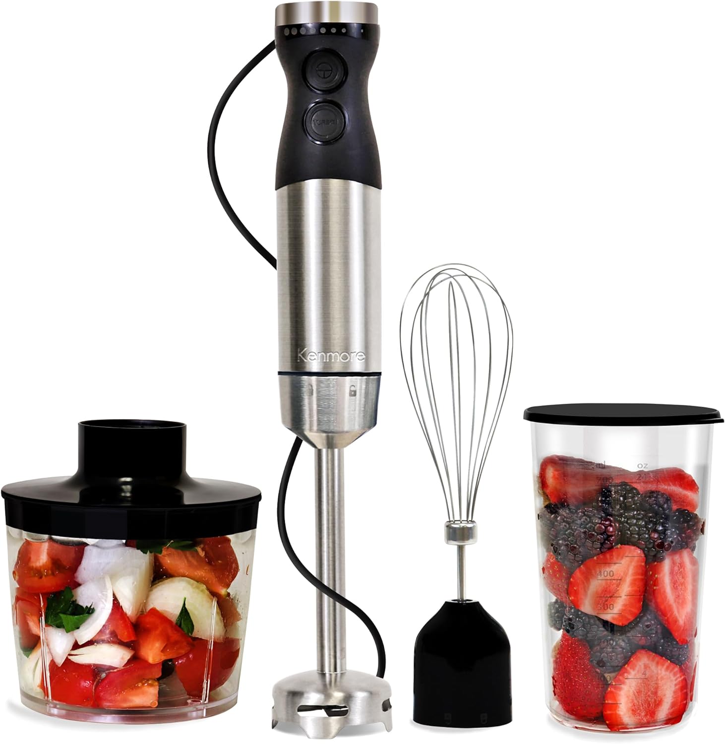 Kenmore Variable Speed Immersion Blender With Food Chopper & Whisk | Hand Blender With Turbo Pulse | Stainless Steel Quad Blades | Handheld Blending Stick | 700mL Beaker & Storage Lid | Black & Silver
