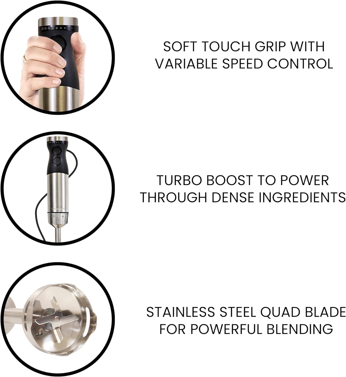 Kenmore Variable Speed Immersion Blender With Food Chopper & Whisk | Hand Blender With Turbo Pulse | Stainless Steel Quad Blades | Handheld Blending Stick | 700mL Beaker & Storage Lid | Black & Silver