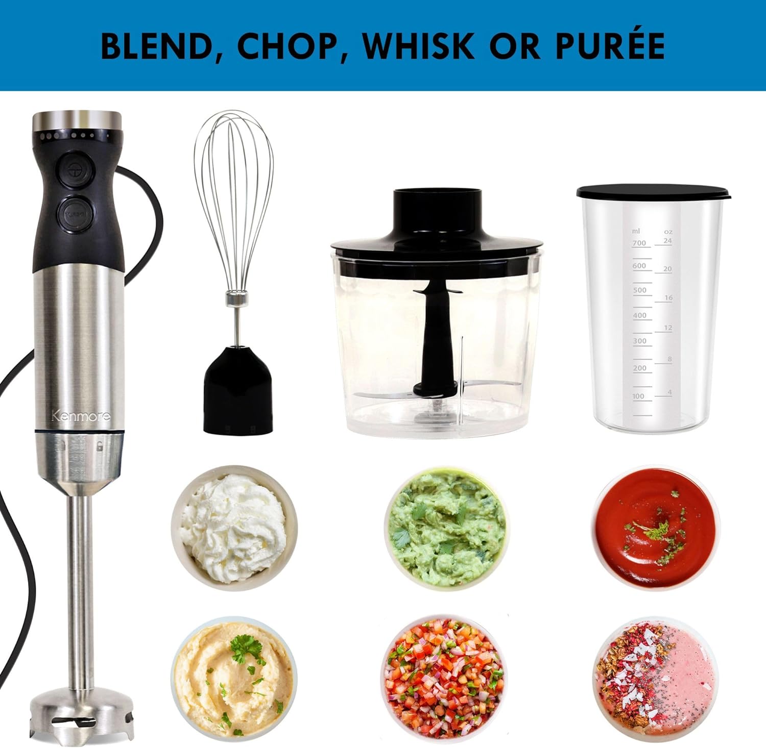 Kenmore Variable Speed Immersion Blender With Food Chopper & Whisk | Hand Blender With Turbo Pulse | Stainless Steel Quad Blades | Handheld Blending Stick | 700mL Beaker & Storage Lid | Black & Silver