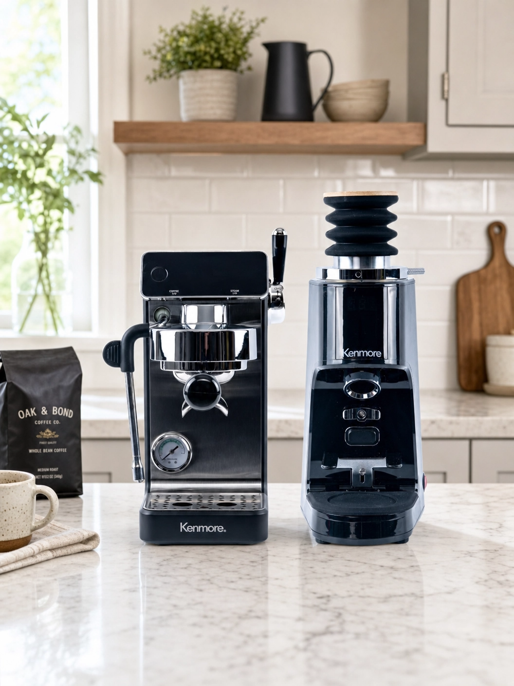 Kenmore Dualis Espresso Machine + Grinder, Dual Thermoblock Simultaneous Brew & Steam, Italian ULKA Pump, PID Temperature Control, 58mm Portafilter, Steam Wand, 1.2L Tank,