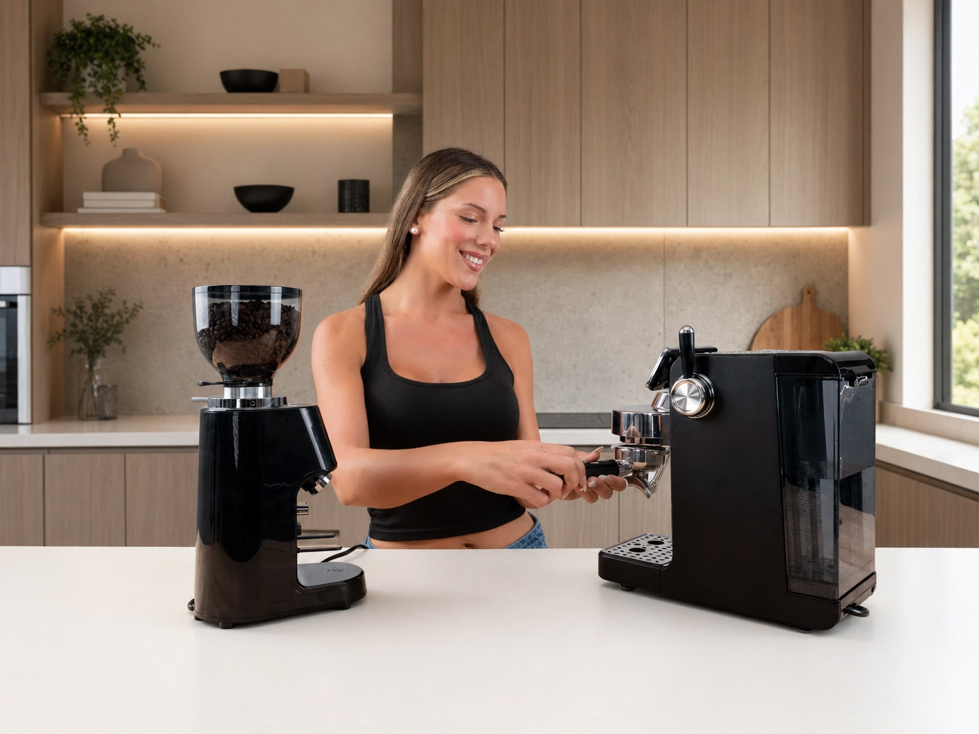 Kenmore Dualis Espresso Machine + Grinder, Dual Thermoblock Simultaneous Brew & Steam, Italian ULKA Pump, PID Temperature Control, 58mm Portafilter, Steam Wand, 1.2L Tank,