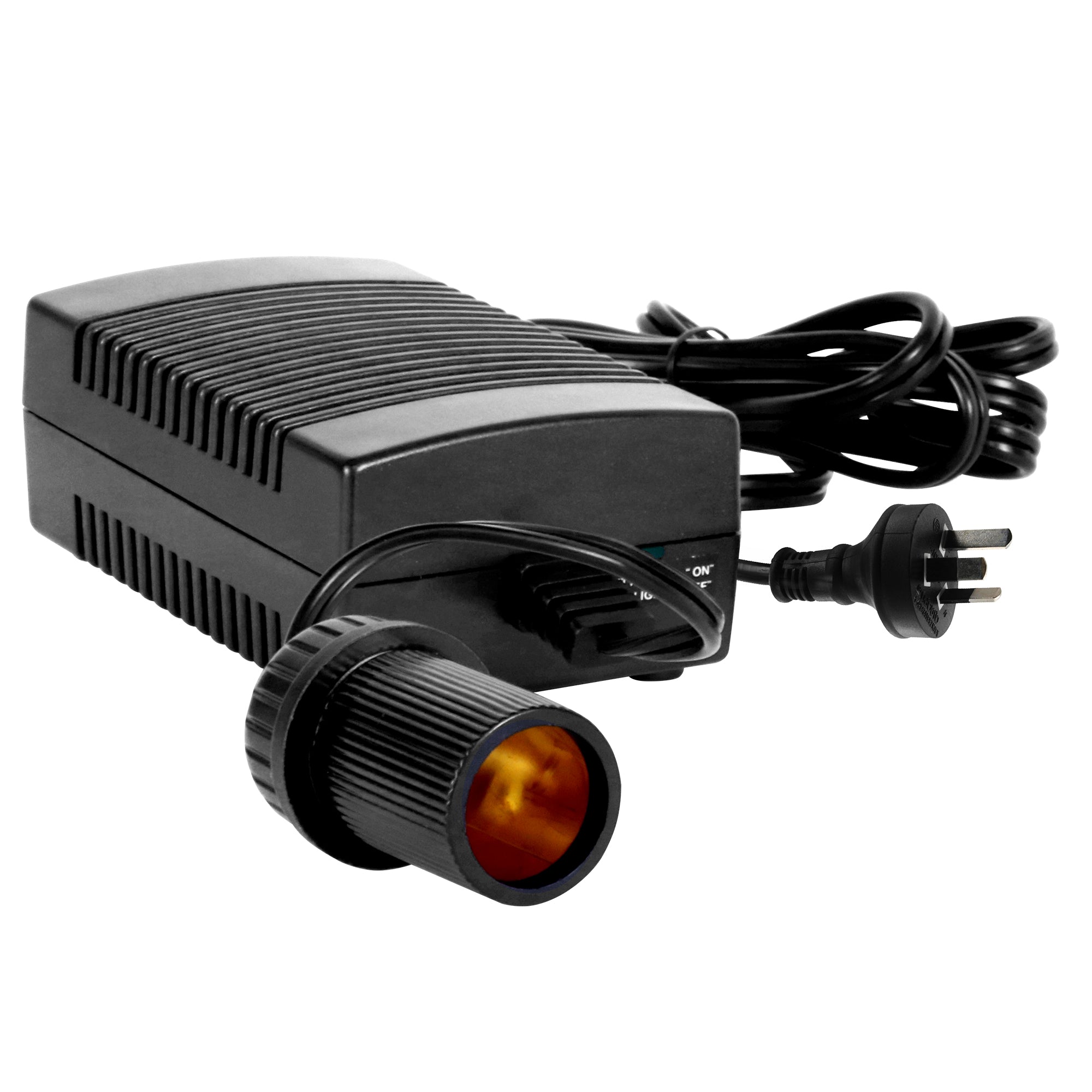 Koolatron AC to DC power adapter viewed from the front on a white background