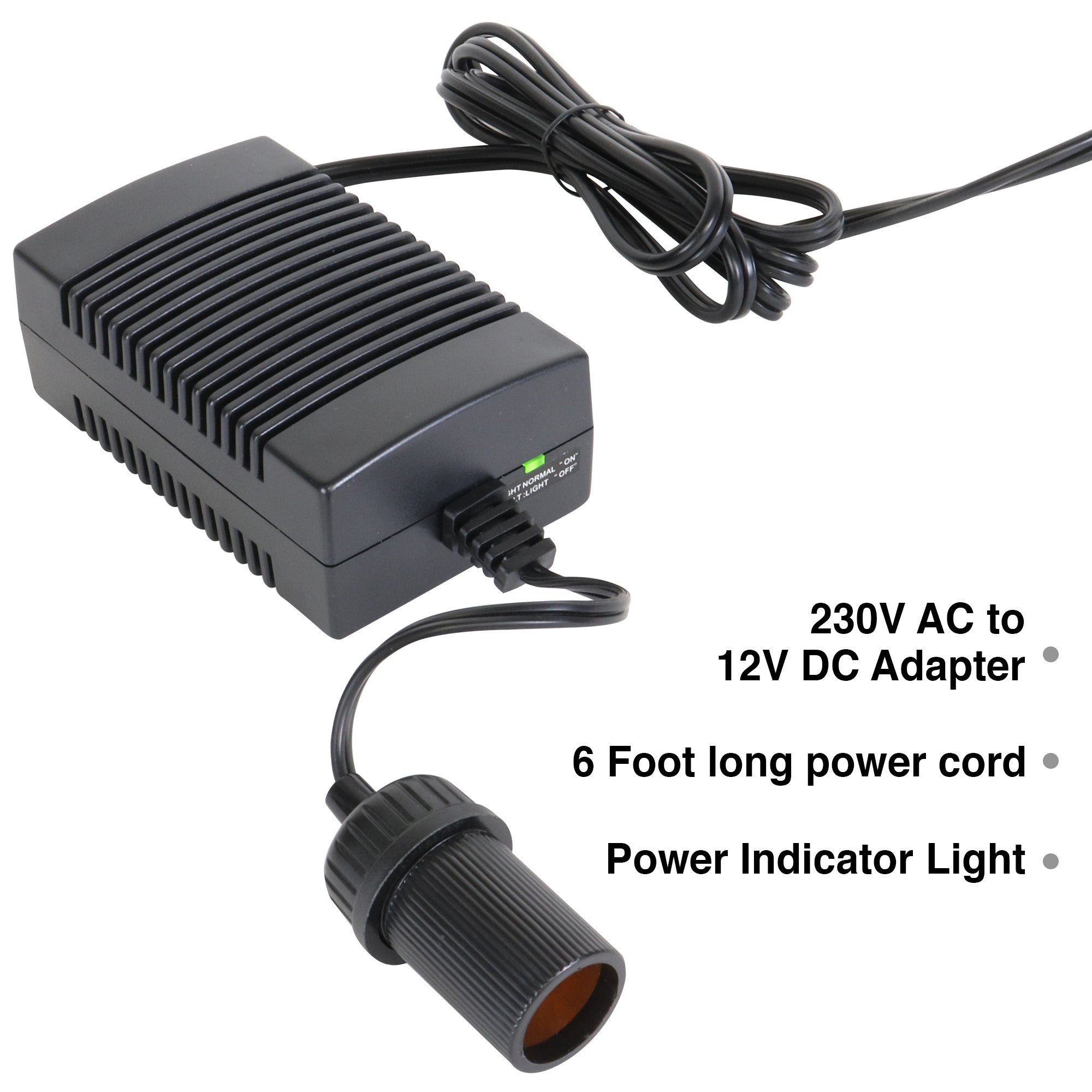 Koolatron AC to DC power adapter on a white background with text reading, "220V AC to 12V DC Adapter; 6 foot long power cord; power indicator light"