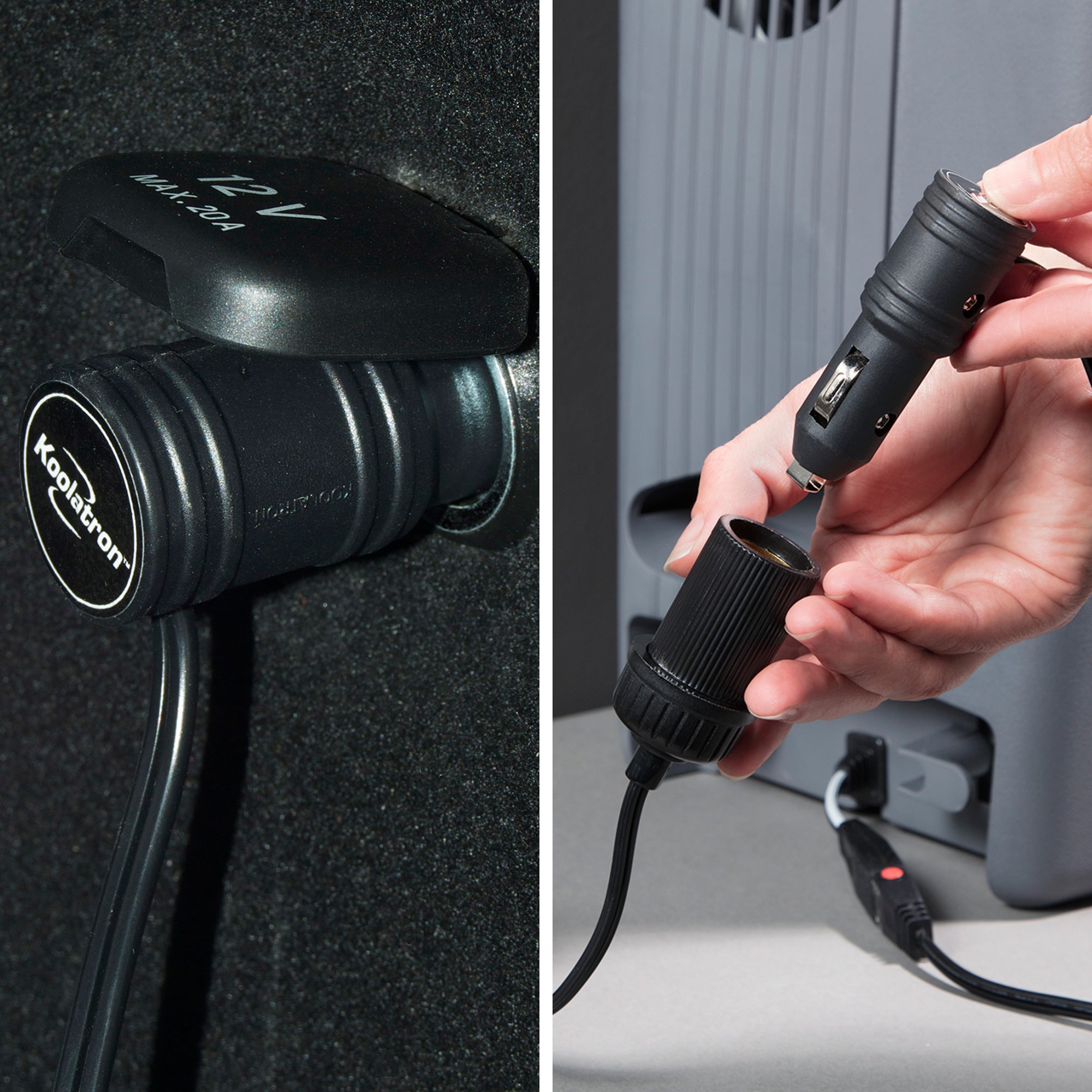 Left side shows a closeup image of a 12V cord plugged into a vehicle receptacle. Right side shows a closeup image of a person's hands inserting a 12V plug into the DC adapter end