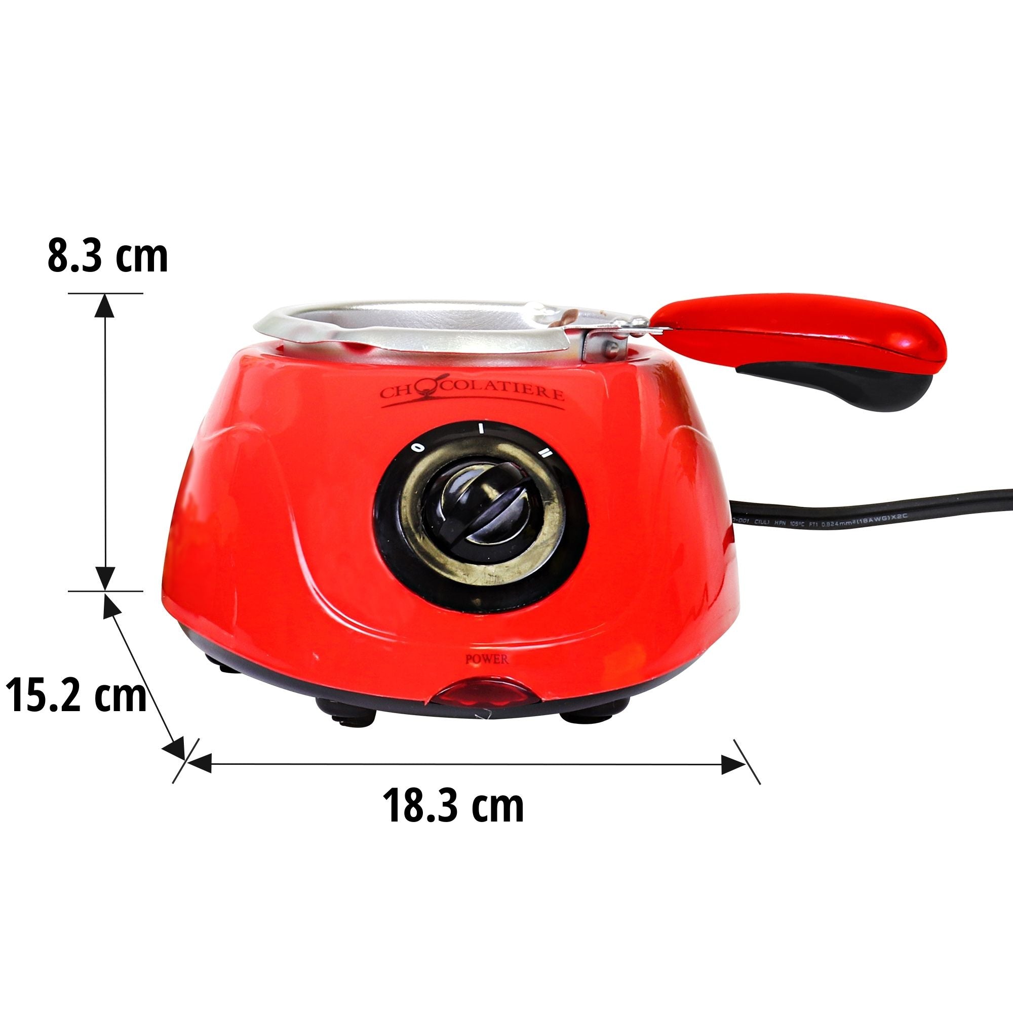 Product shot of chocolate melter on white background with dimensions labeled