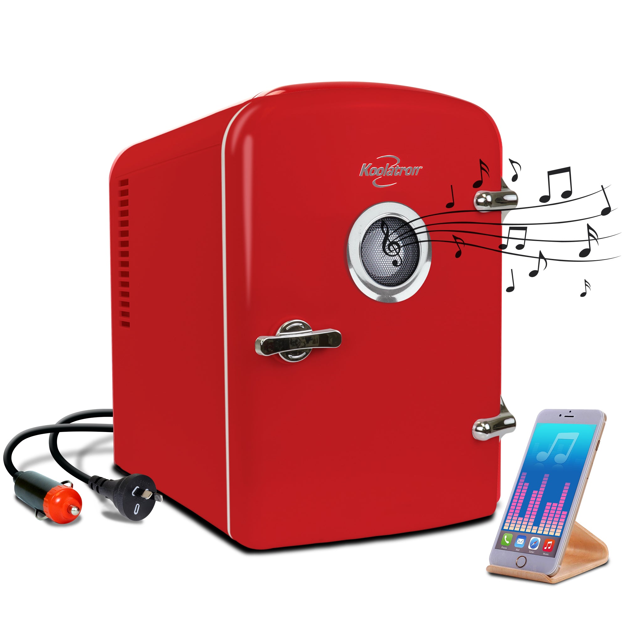 Product shot of red 4L mini fridge with Bluetooth speaker, closed, with AC and DC power cords visible, on a white background. There is a smartphone or music player on a stand in the foreground and small black music notes emanating from the speaker