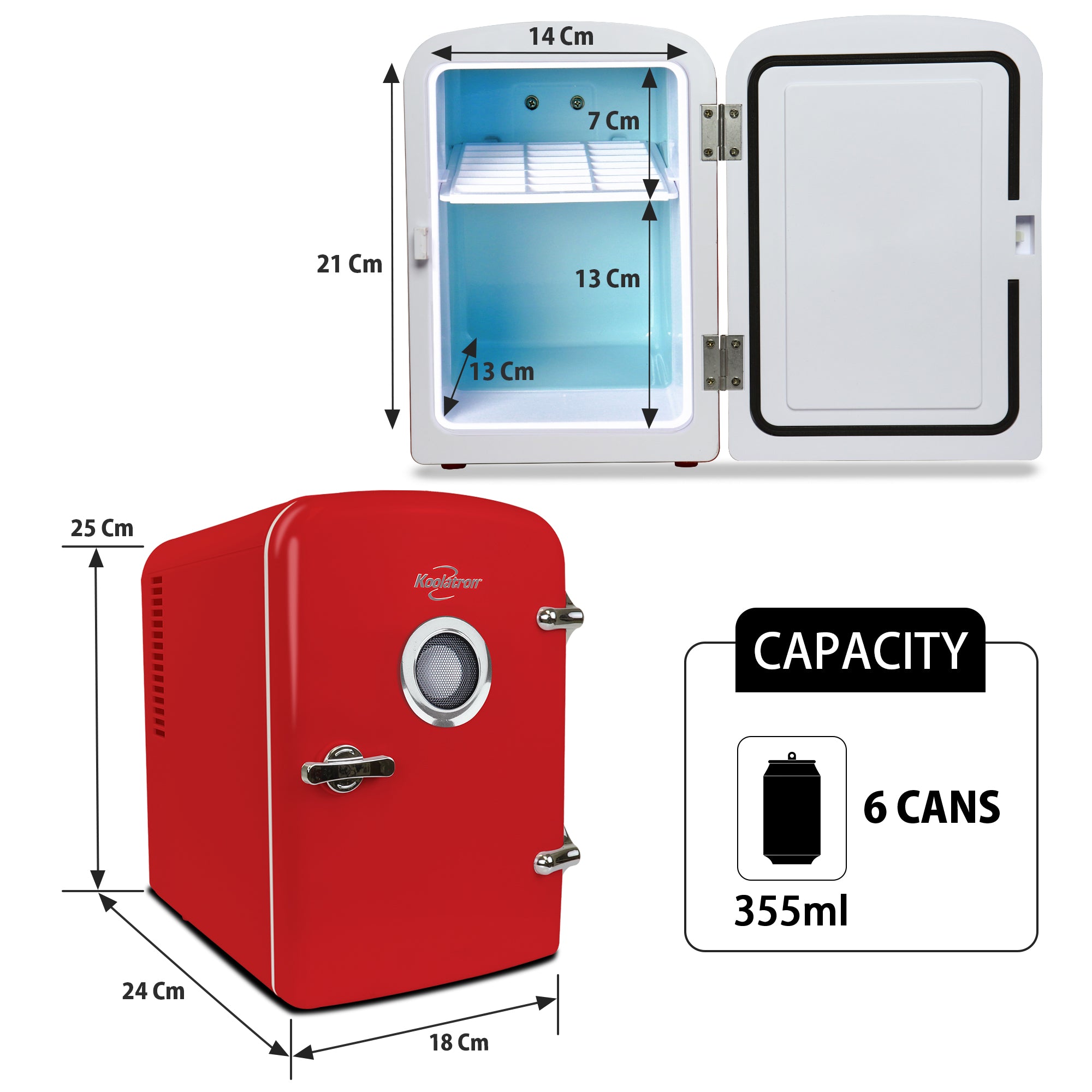 Two product shots of retro mini fridge with wireless speaker, open and closed, on a white background, with interior and exterior dimensions labeled. Inset text and icons describe: Capacity - 6 cans 355 mL