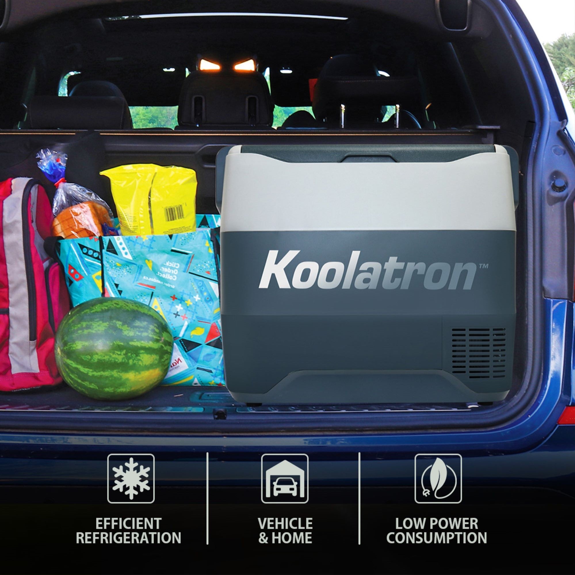 Lifestyle image of 12V vehicle refrigerator/freezer in the back of a blue SUV with a backpack and a bag of groceries beside it. Overlaid icons and text describe: Efficient refrigeration; vehicle and home; low power consumption