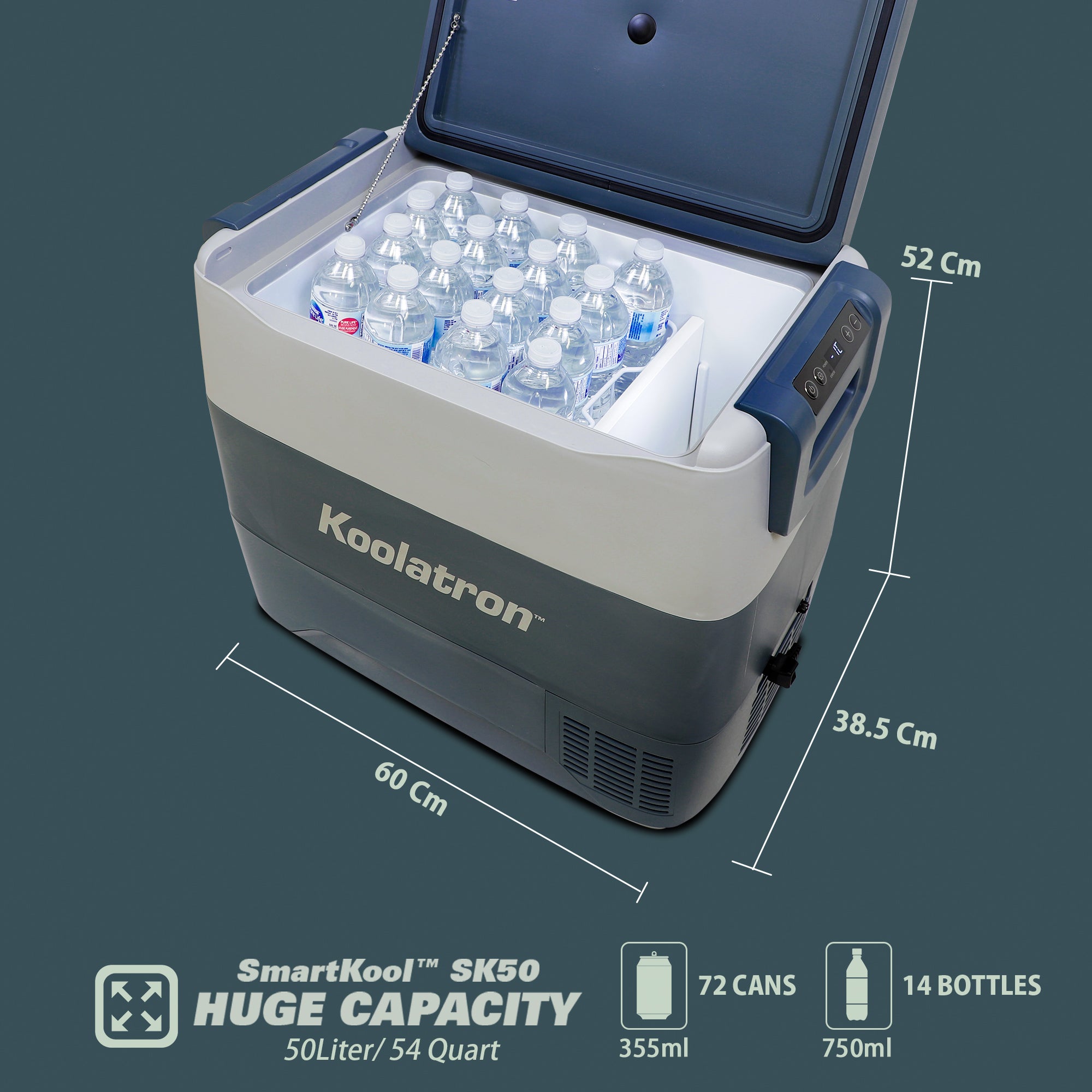 Product shot of 12V portable fridge, open and filled with water bottles, on a white background with dimensions and capacity listed