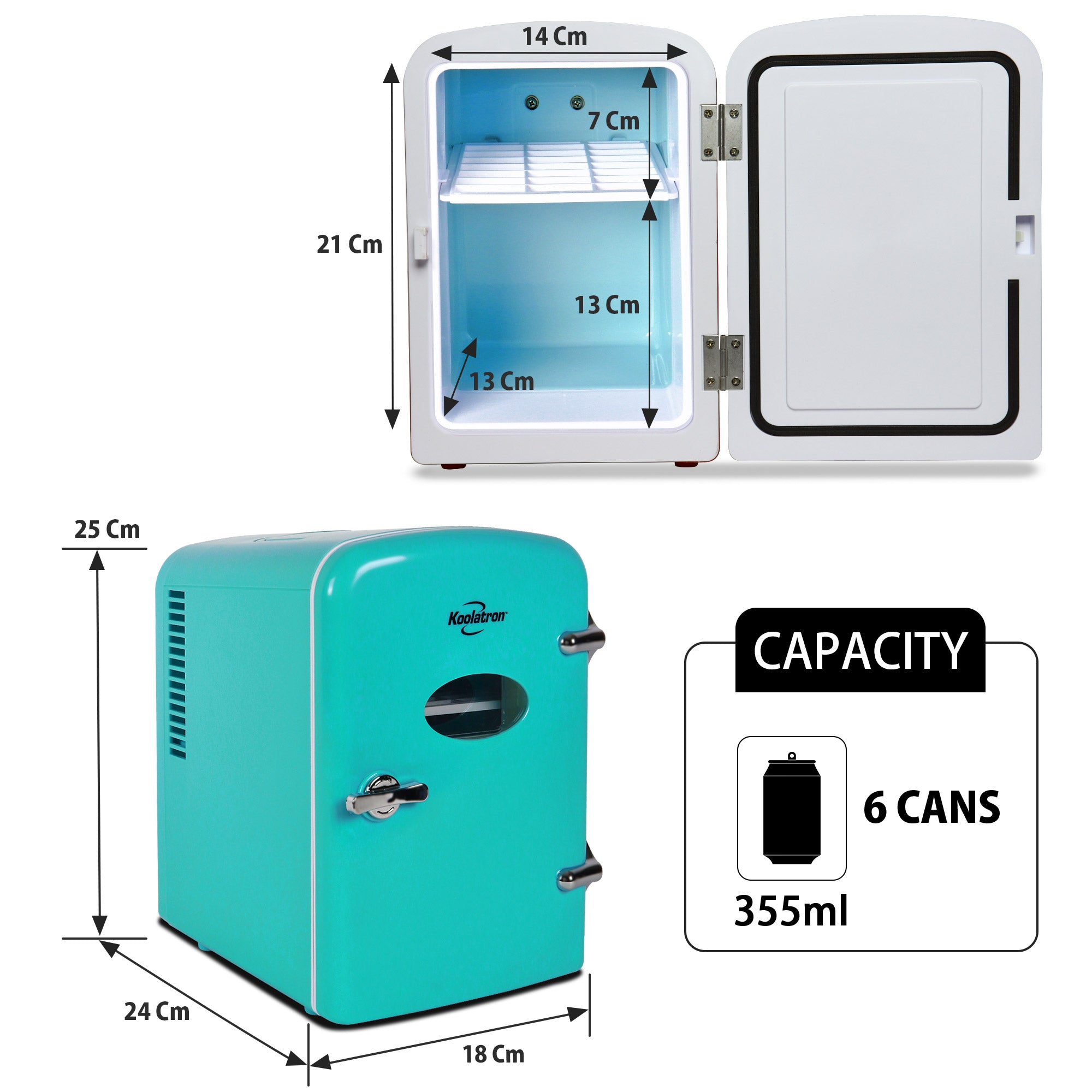 Two product shots of Koolatron retro 4L mini fridge, open and closed, on a white background, with interior and exterior dimensions labeled. Inset text and icons describes: Capacity - 6 cans 355 mL