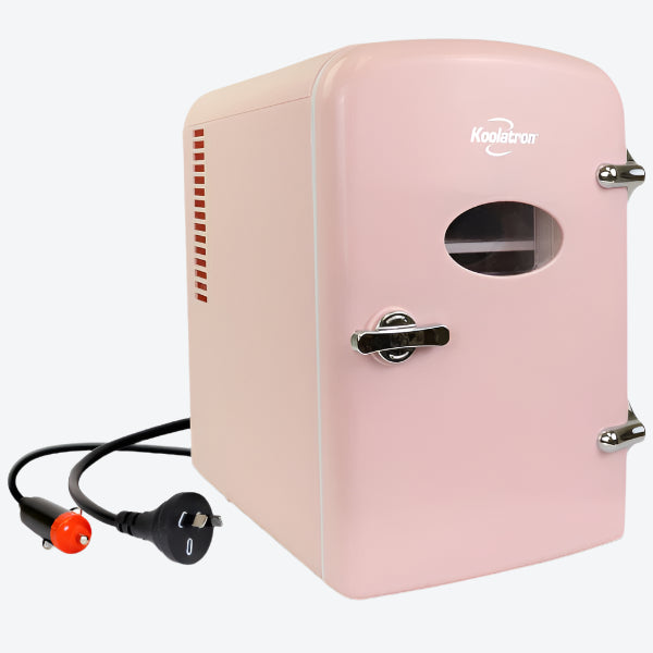 Product shot of Koolatron retro 4L mini fridge, closed, with AC and DC power cords visible, on a white background