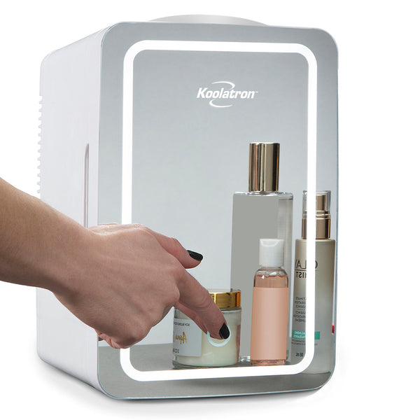 Koolatron Cosmetic Mini Fridge, LED Lighted Makeup Mirror, 6L Portable Skincare Refrigerator, 12V DC and 220V AC Cords (White, Silver)