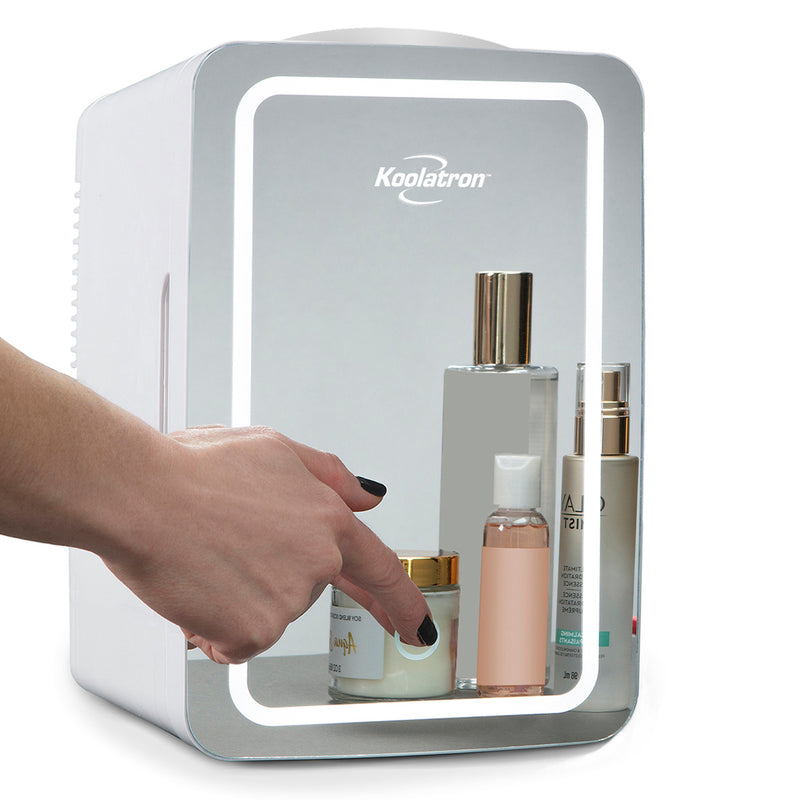 Koolatron Cosmetic Mini Fridge, LED Lighted Makeup Mirror, 6L Portable Skincare Refrigerator, 12V DC and 220V AC Cords (White, Silver)