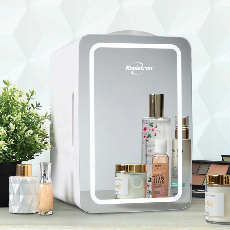 Koolatron Cosmetic Mini Fridge, LED Lighted Makeup Mirror, 6L Portable Skincare Refrigerator, 12V DC and 220V AC Cords (White, Silver)