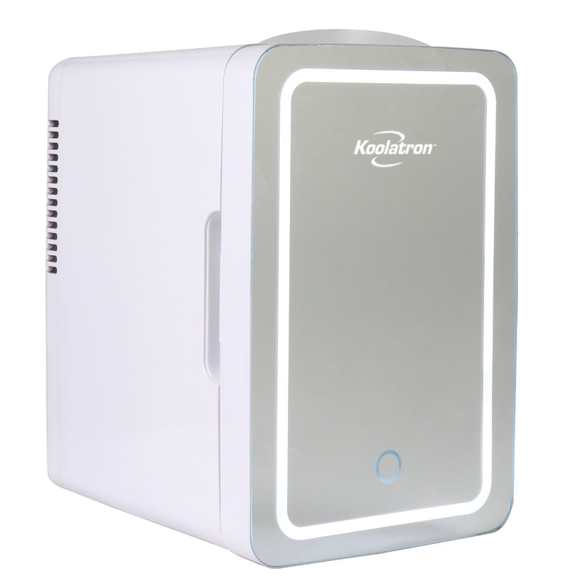 Koolatron Cosmetic Mini Fridge, LED Lighted Makeup Mirror, 6L Portable Skincare Refrigerator, 12V DC and 220V AC Cords (White, Silver)