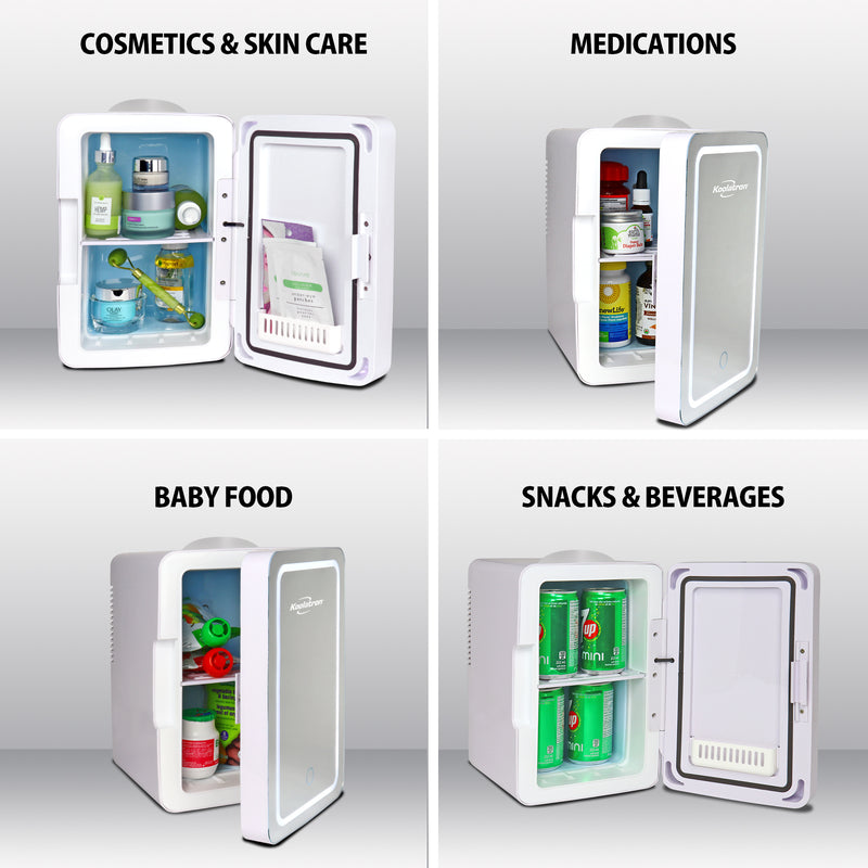 Koolatron Cosmetic Mini Fridge, LED Lighted Makeup Mirror, 6L Portable Skincare Refrigerator, 12V DC and 220V AC Cords (White, Silver)