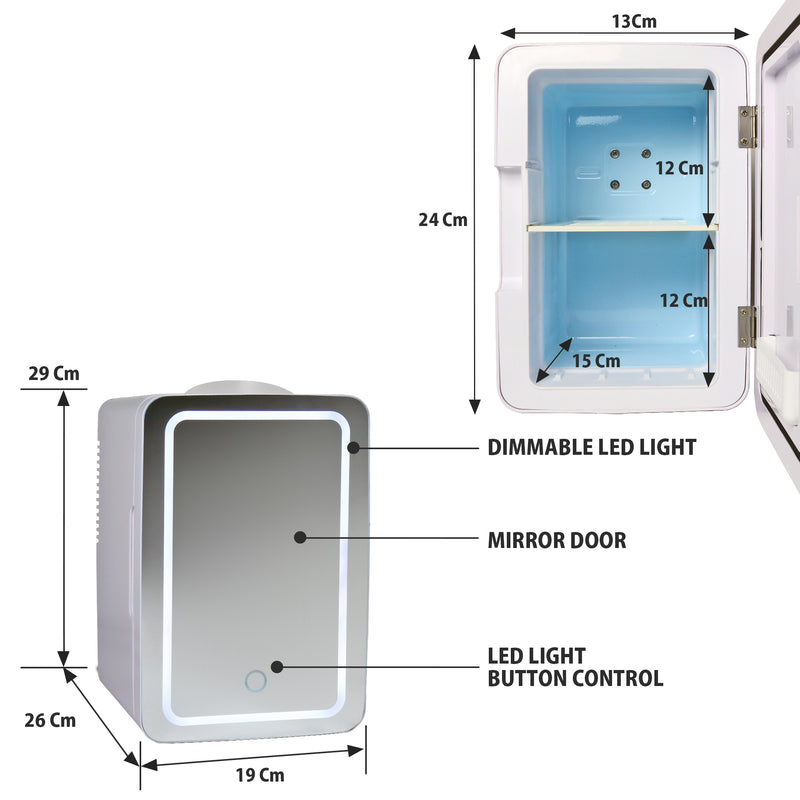 Koolatron Cosmetic Mini Fridge, LED Lighted Makeup Mirror, 6L Portable Skincare Refrigerator, 12V DC and 220V AC Cords (White, Silver)