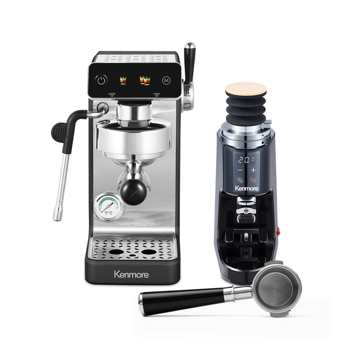 Kenmore Dualis Espresso Machine + Grinder, Dual Thermoblock Simultaneous Brew & Steam, Italian ULKA Pump, PID Temperature Control, 58mm Portafilter, Steam Wand, 1.2L Tank,