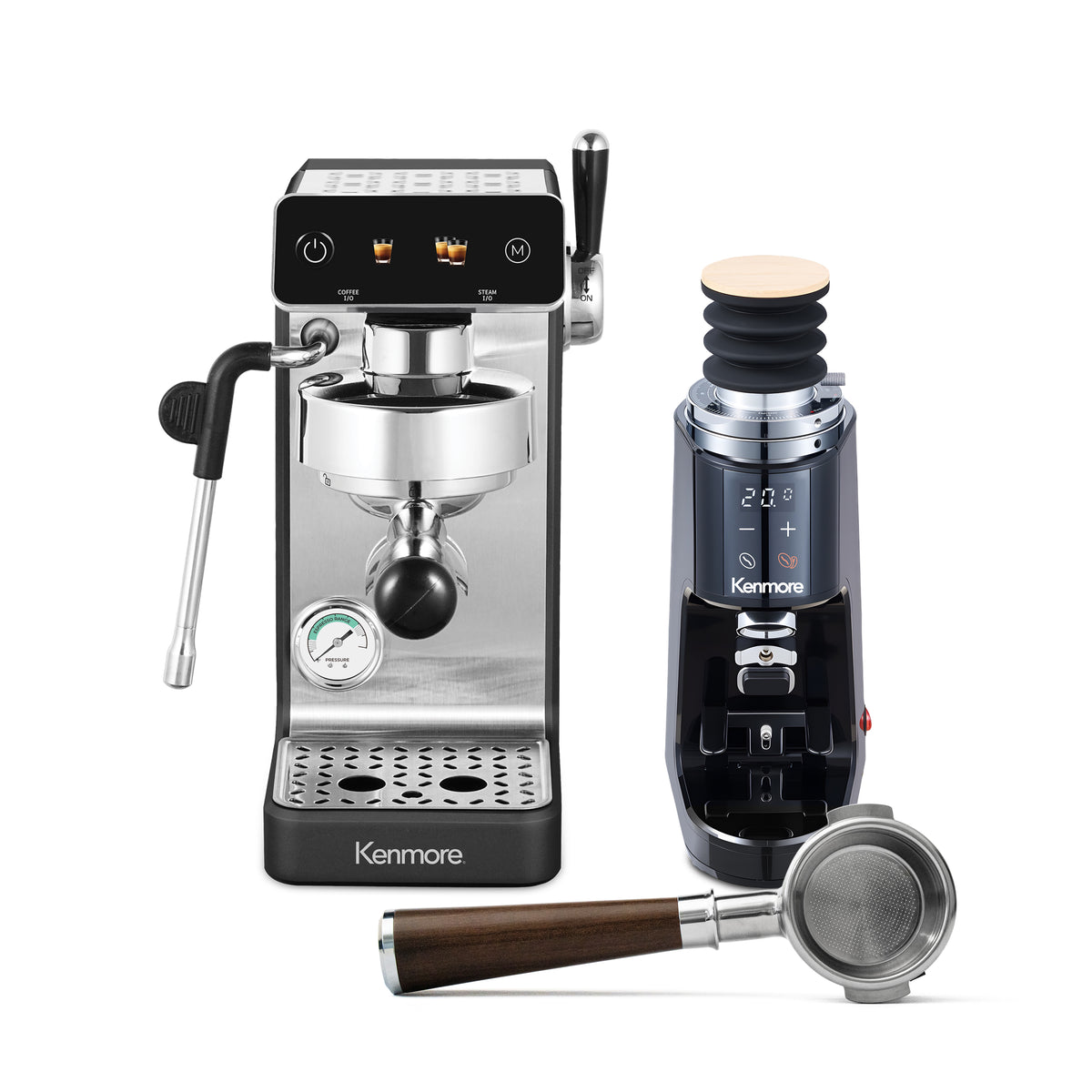 Kenmore Dualis Espresso Machine + Grinder, Dual Thermoblock Simultaneous Brew & Steam, Italian ULKA Pump, PID Temperature Control, 58mm Portafilter, Steam Wand, 1.2L Tank,
