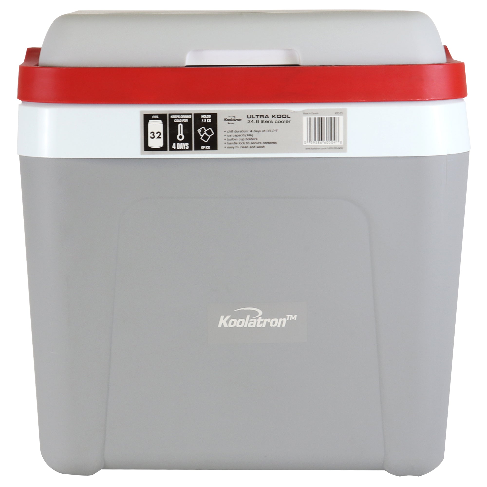 Koolatron Ice Chest Cool Box with Locking Carry Handle, 25L, 32 Can Capacity Portable Picnic Esky, For Snacks, Lunch, Day Trips, Camping (Grey/Red)