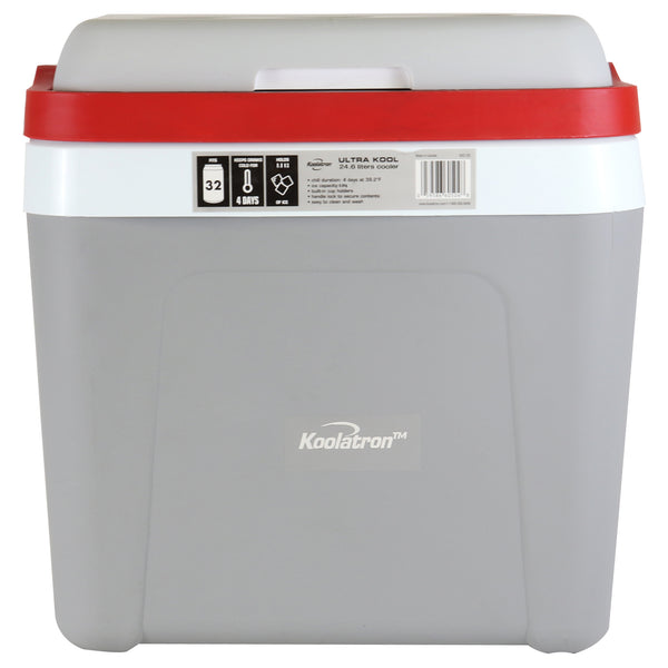 Koolatron Ice Chest Cool Box with Locking Carry Handle, 25L, 32 Can Capacity Portable Picnic Esky, For Snacks, Lunch, Day Trips, Camping (Grey/Red)