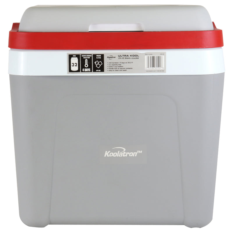 Koolatron Ice Chest Cool Box with Locking Carry Handle, 25L, 32 Can Capacity Portable Picnic Esky, For Snacks, Lunch, Day Trips, Camping (Grey/Red)