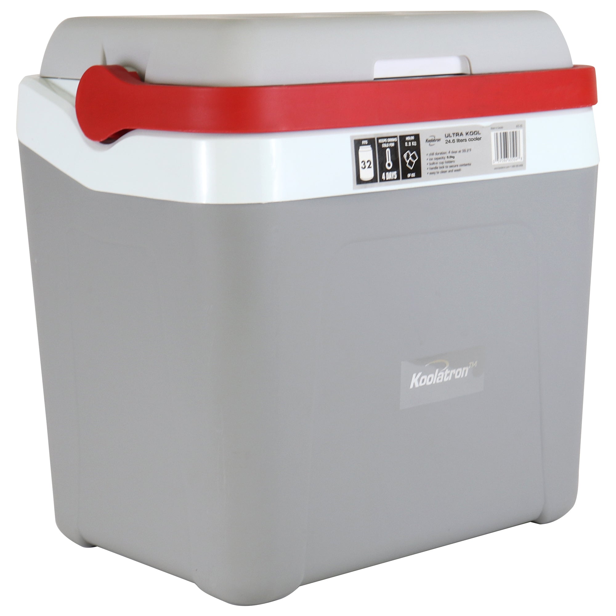 Koolatron Ice Chest Cool Box with Locking Carry Handle, 25L, 32 Can Capacity Portable Picnic Esky, For Snacks, Lunch, Day Trips, Camping (Grey/Red)