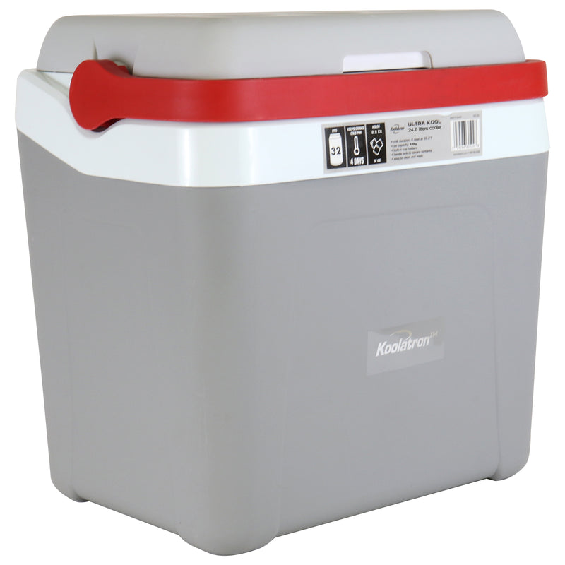 Koolatron Ice Chest Cool Box with Locking Carry Handle, 25L, 32 Can Capacity Portable Picnic Esky, For Snacks, Lunch, Day Trips, Camping (Grey/Red)