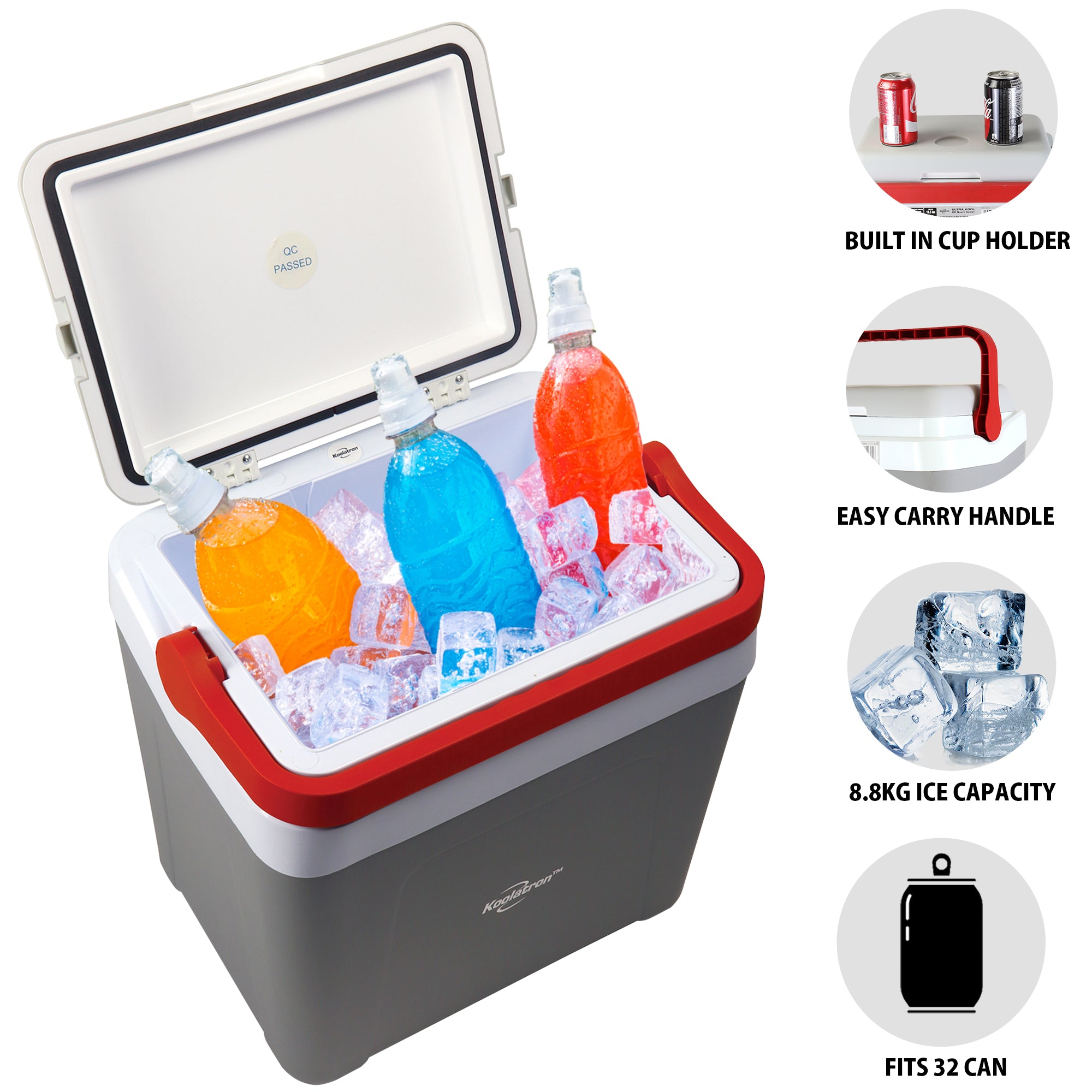 Koolatron Ice Chest Cool Box with Locking Carry Handle, 25L, 32 Can Capacity Portable Picnic Esky, For Snacks, Lunch, Day Trips, Camping (Grey/Red)