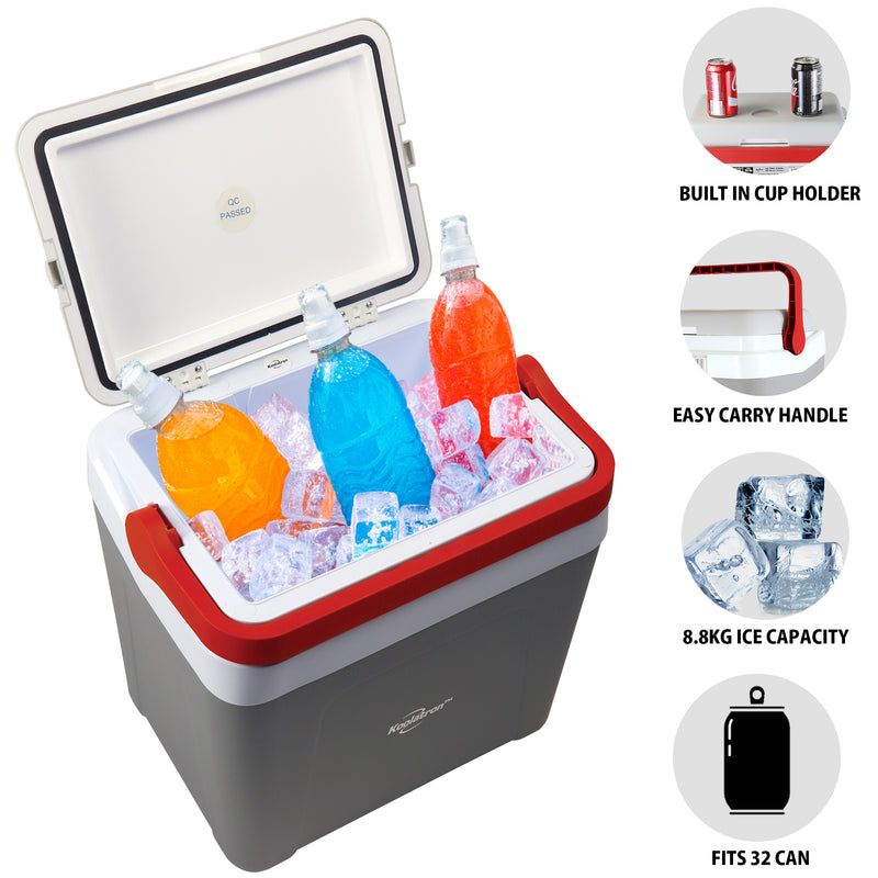 Koolatron Ice Chest Cool Box with Locking Carry Handle, 25L, 32 Can Capacity Portable Picnic Esky, For Snacks, Lunch, Day Trips, Camping (Grey/Red)