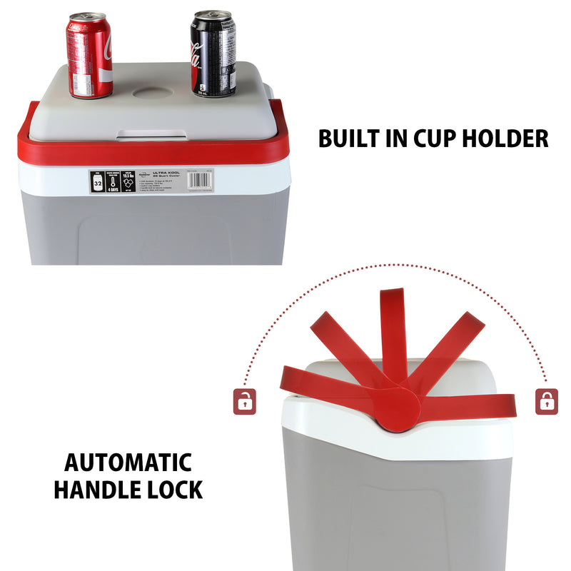 Koolatron Ice Chest Cool Box with Locking Carry Handle, 25L, 32 Can Capacity Portable Picnic Esky, For Snacks, Lunch, Day Trips, Camping (Grey/Red)