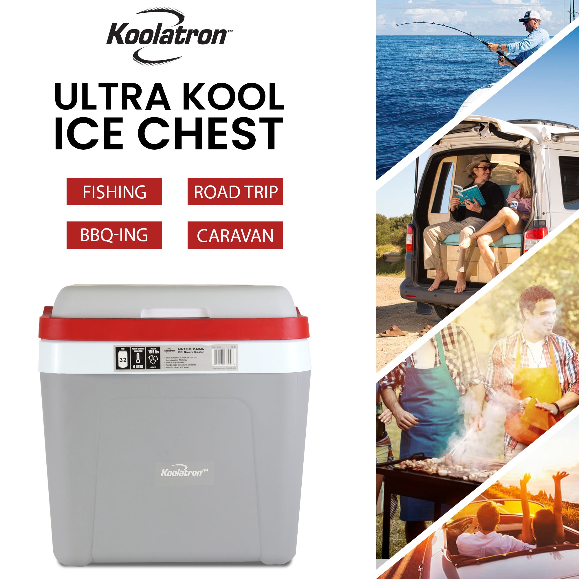 Koolatron Ice Chest Cool Box with Locking Carry Handle, 25L, 32 Can Capacity Portable Picnic Esky, For Snacks, Lunch, Day Trips, Camping (Grey/Red)