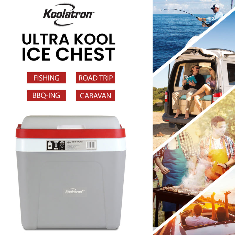 Koolatron Ice Chest Cool Box with Locking Carry Handle, 25L, 32 Can Capacity Portable Picnic Esky, For Snacks, Lunch, Day Trips, Camping (Grey/Red)