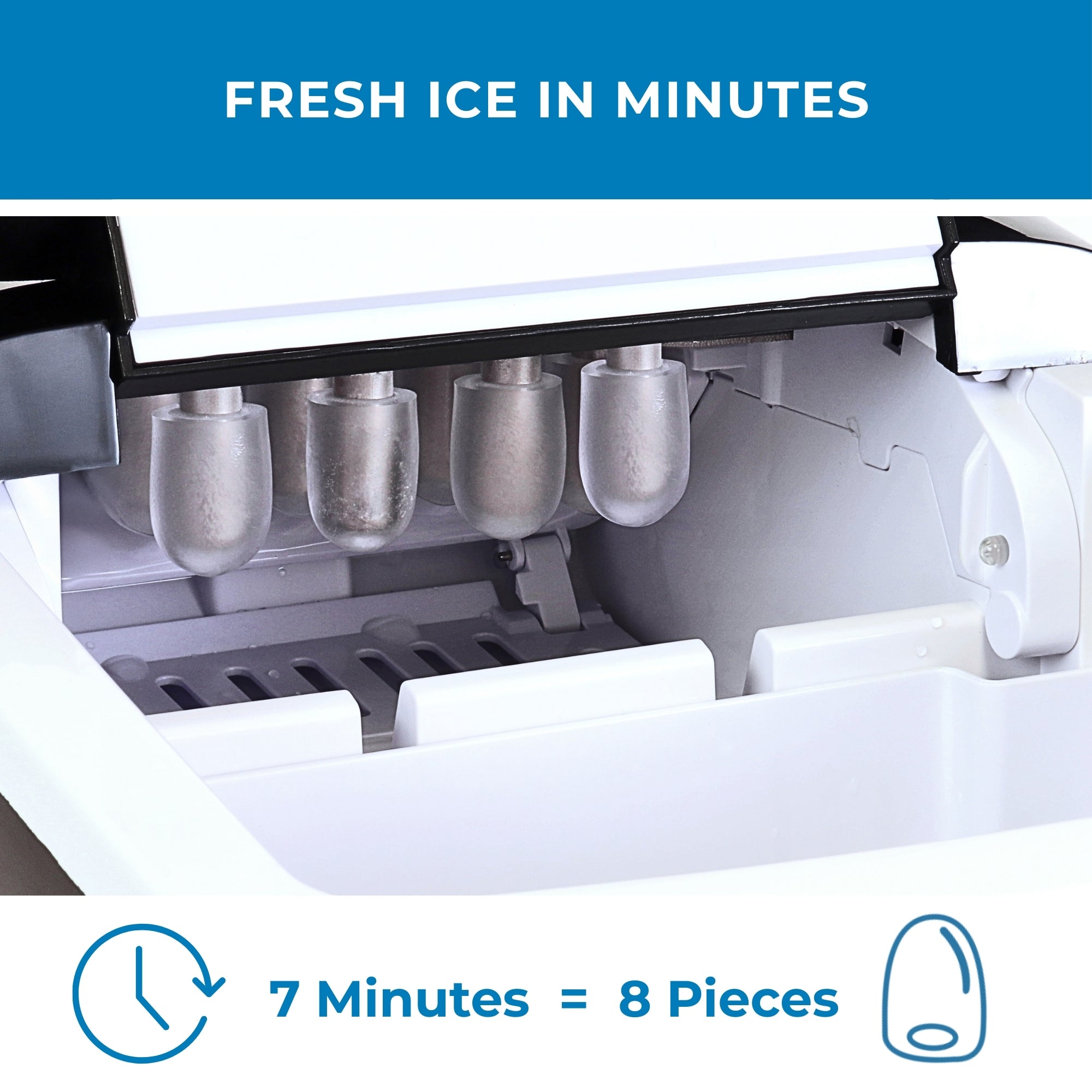 Closeup of the open ice maker with ice cubes forming inside. Text above reads, "Fresh ice in minutes," and text and icons below read, "7 minutes = 8 pieces"