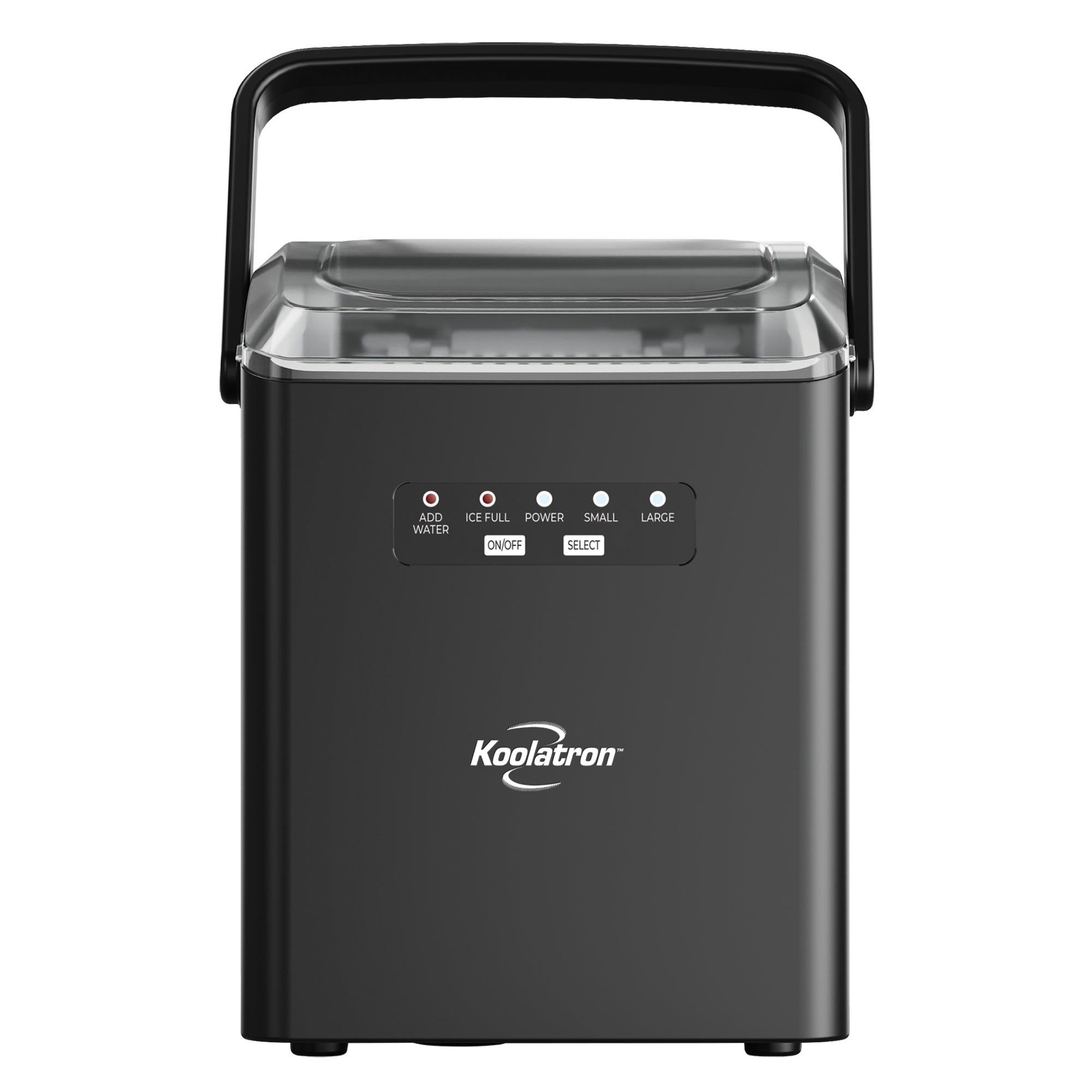 Front view of the automatic ice maker with the handle up on a white background
