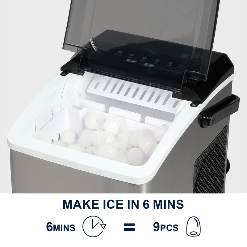 Closeup image of the open ice maker with removable basket filled with ice. Text and icons below read, "Make ice in 6 mins; 6 mins = 9 pcs"