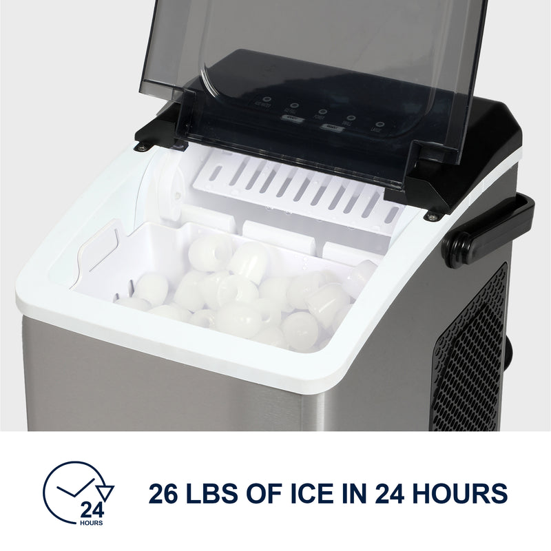 Closeup image of the open ice maker with removable basket filled with ice. Text below reads, "26 lbs of ice in 24 hours"