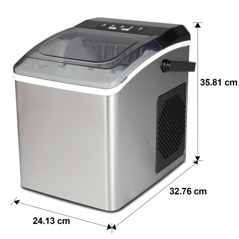 Product shot of portable ice maker on white background with dimensions labeled
