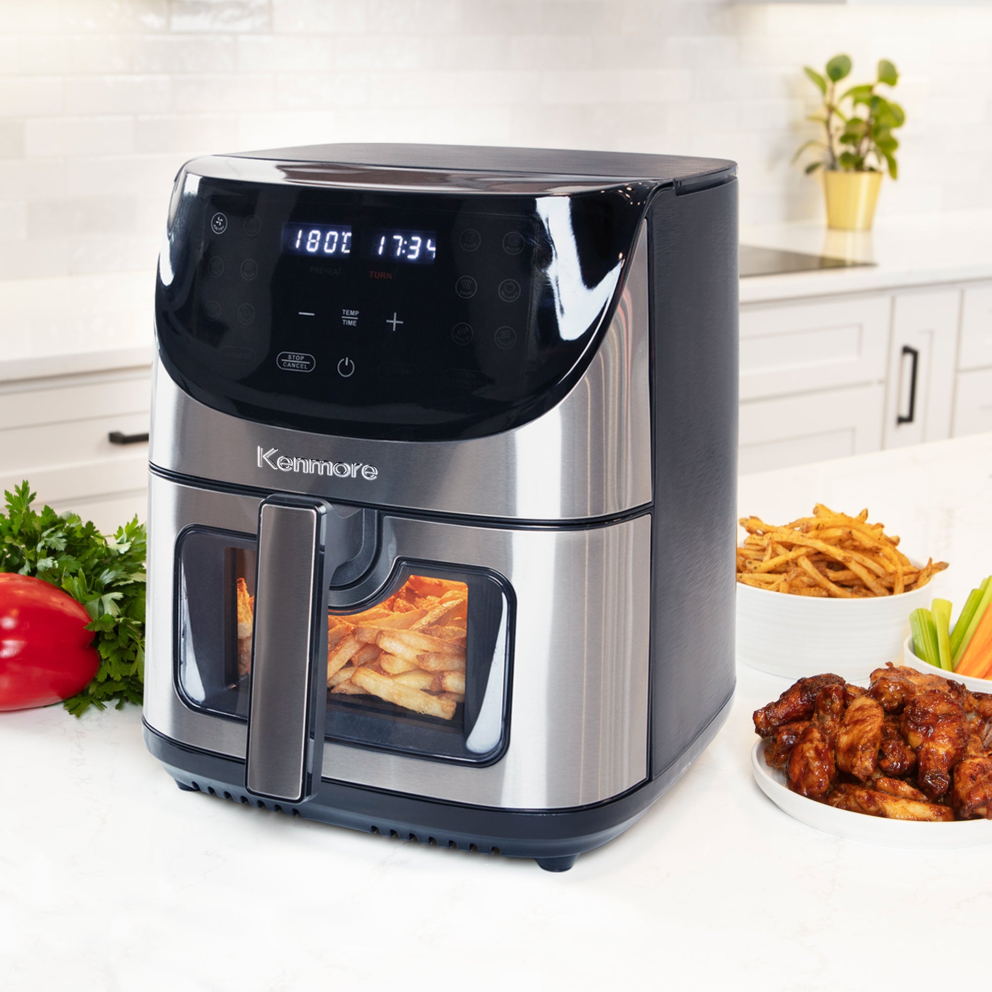 Kenmore 7.8 L Air Fryer, Family Size, 1700W, 12 Preset Cooking Functions, Digital Touch Screen, Programmable Temperature & Timer, Viewing Window, Roast Bake Broil Dehydrate Reheat, Stainless Steel