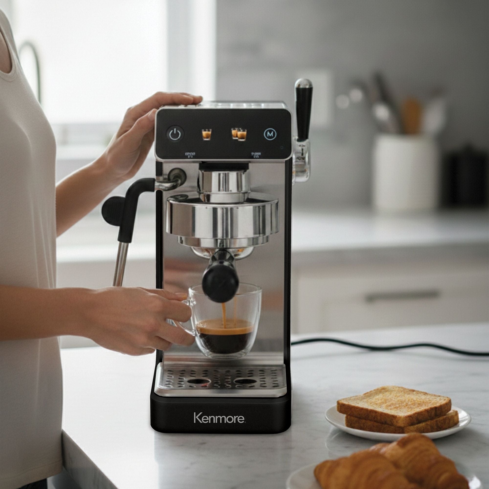 Kenmore Dualis Espresso Machine, Dual Thermoblock Simultaneous Brew & Steam, Italian ULKA Pump, PID Temperature Control, 58mm Portafilter, Steam Wand, 1.2L Tank, B