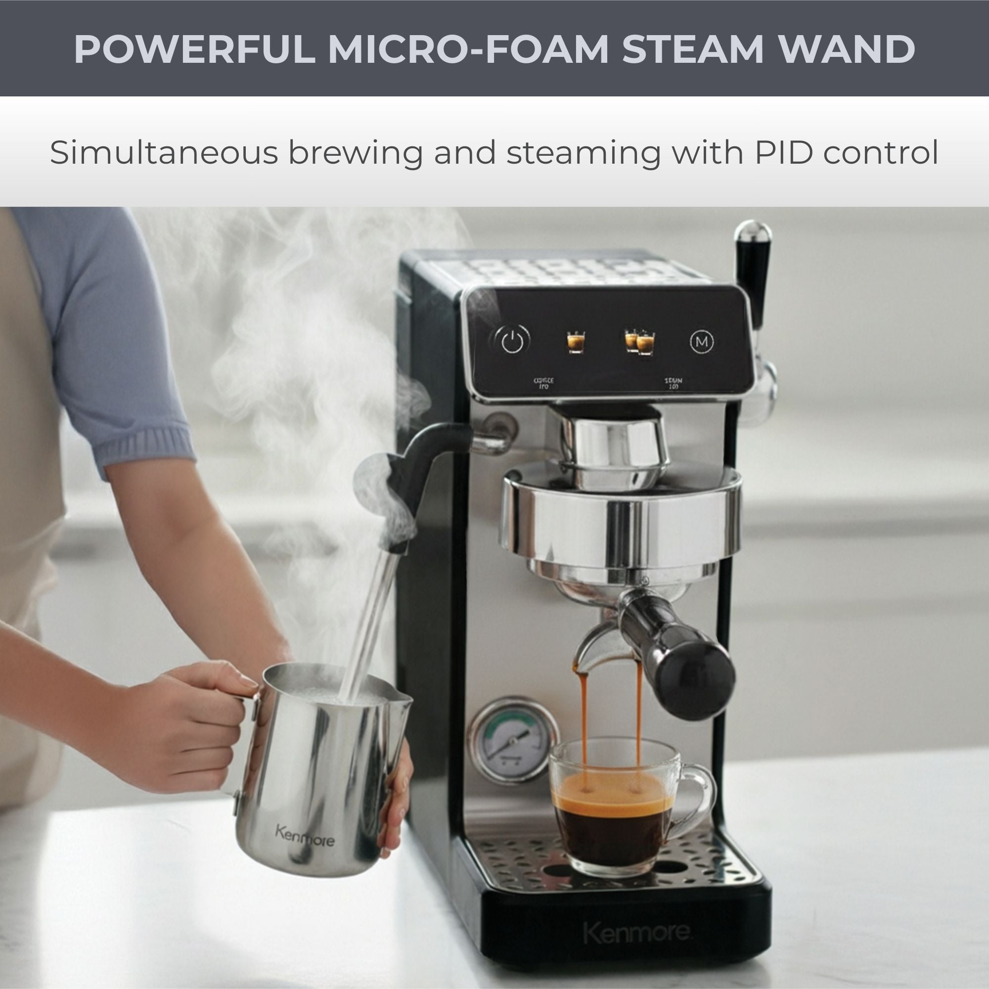 Kenmore Dualis Espresso Machine, Dual Thermoblock Simultaneous Brew & Steam, Italian ULKA Pump, PID Temperature Control, 58mm Portafilter, Steam Wand, 1.2L Tank, B