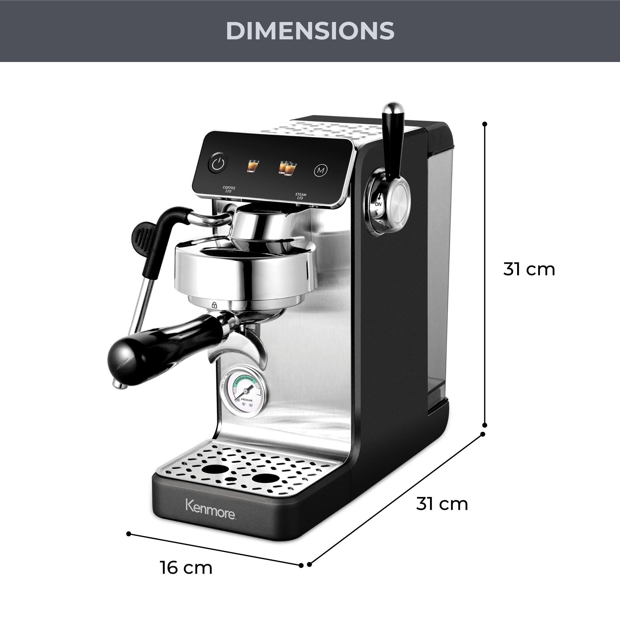 Kenmore Dualis Espresso Machine, Dual Thermoblock Simultaneous Brew & Steam, Italian ULKA Pump, PID Temperature Control, 58mm Portafilter, Steam Wand, 1.2L Tank, B