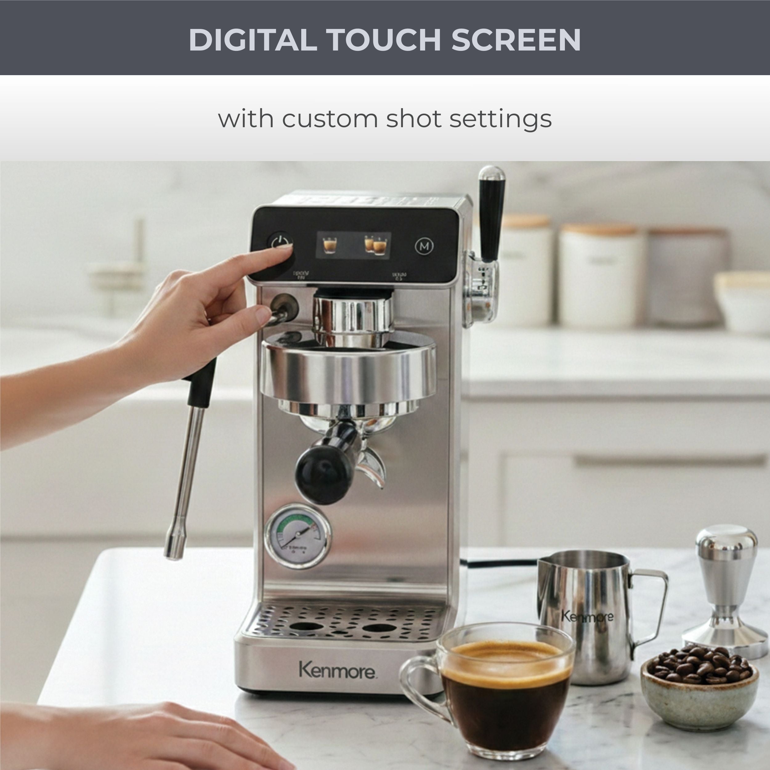 Kenmore Dualis Espresso Machine, Dual Thermoblock Simultaneous Brew & Steam, Italian ULKA Pump, PID Temperature Control, 58mm Portafilter, Steam Wand, 1.2L Tank, Stainless Look