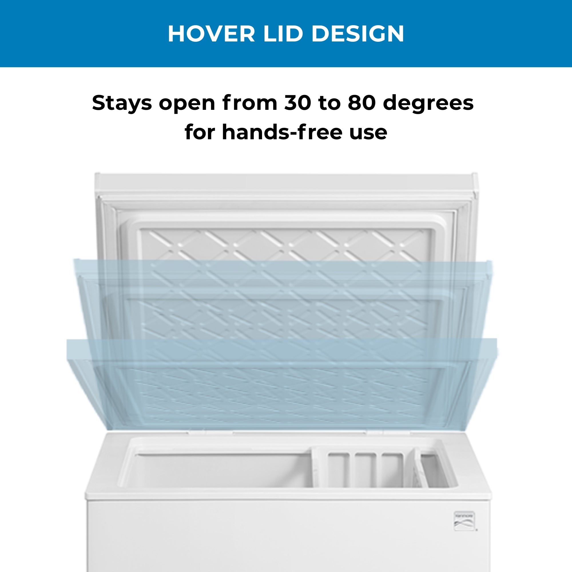 Kenmore convertible chest freezer with lid open to different angles and text above reading, "Hover lid design: Stays open from 30 to 80 degrees for hands-free use"