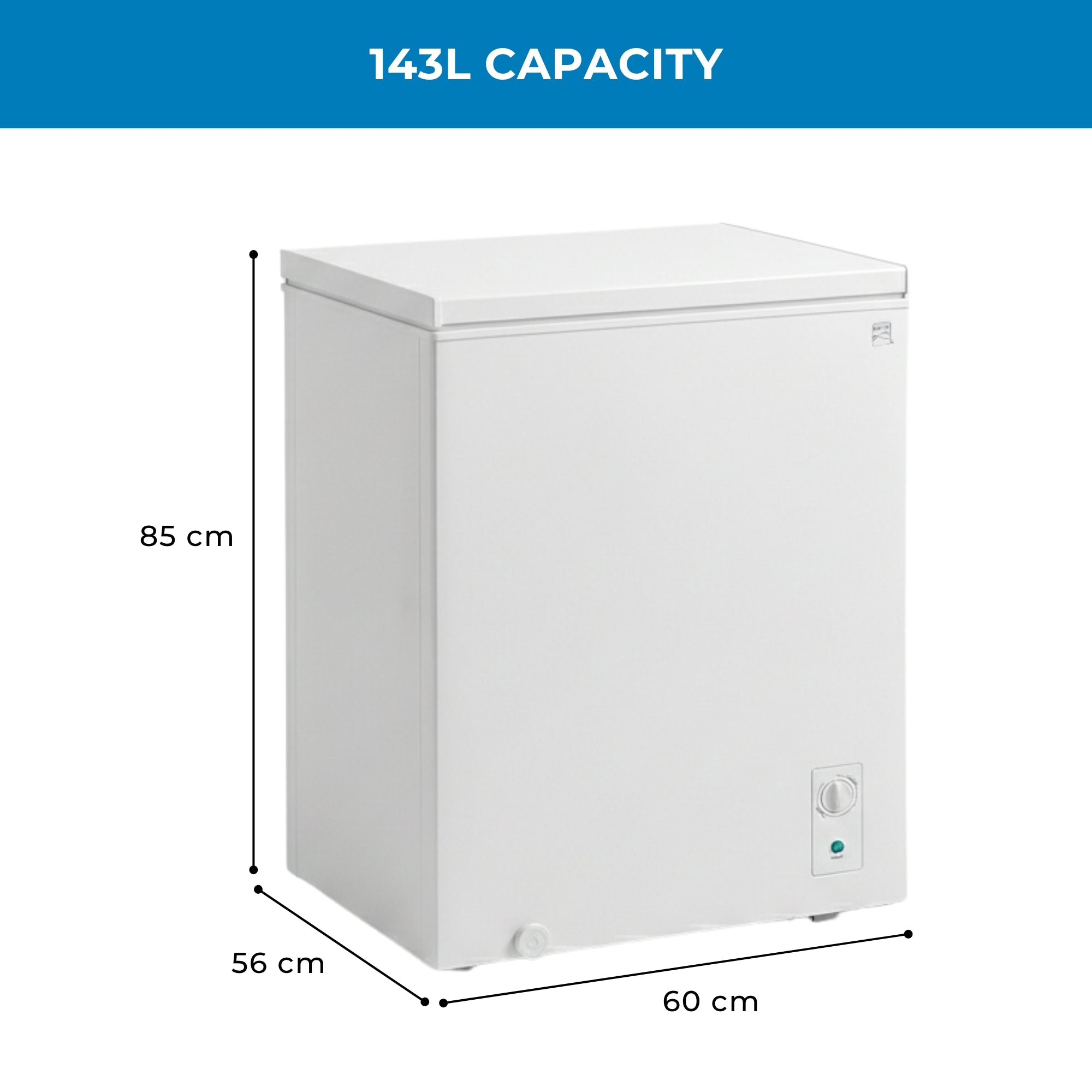 Kenmore convertible chest freezer, closed, on a white background with capacity and dimensions labeled.